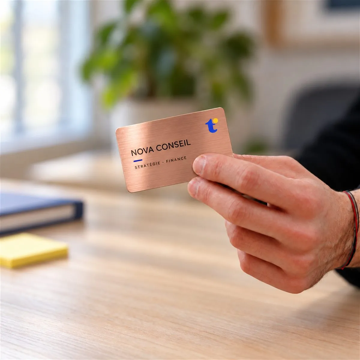 Carte de visite NFC en métal tenue en main